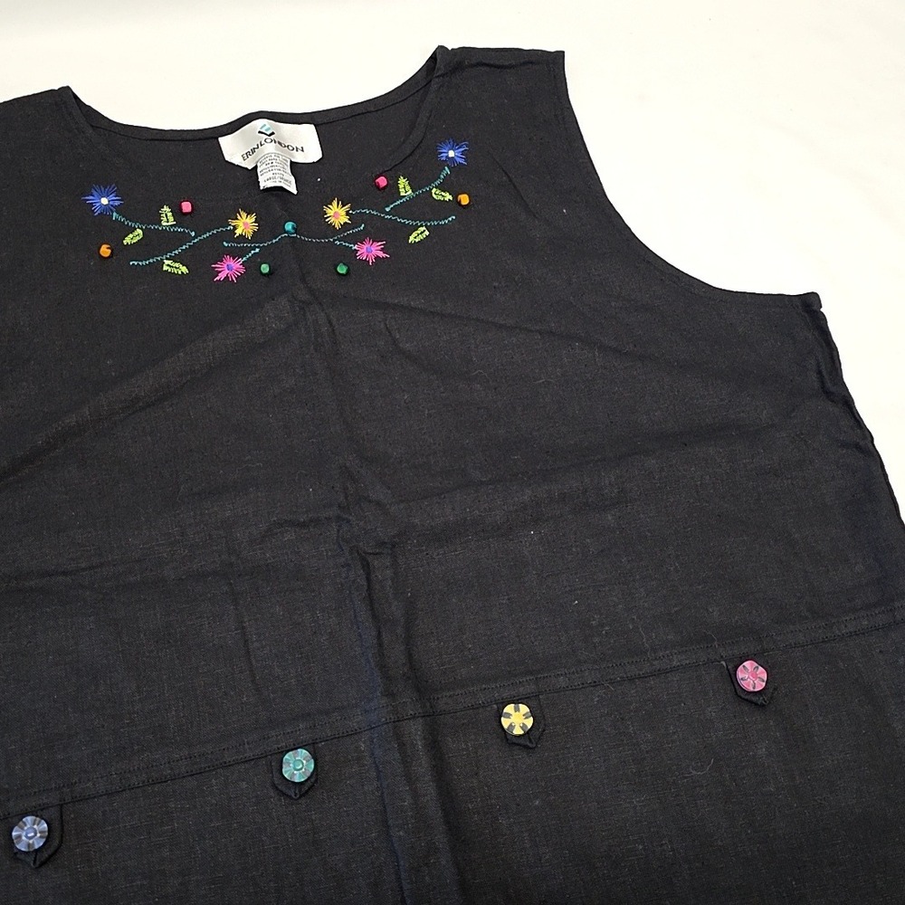 Vtg‎ Erin London Tank Top Women PL Black Linen Blend Floral Embroidered Beaded